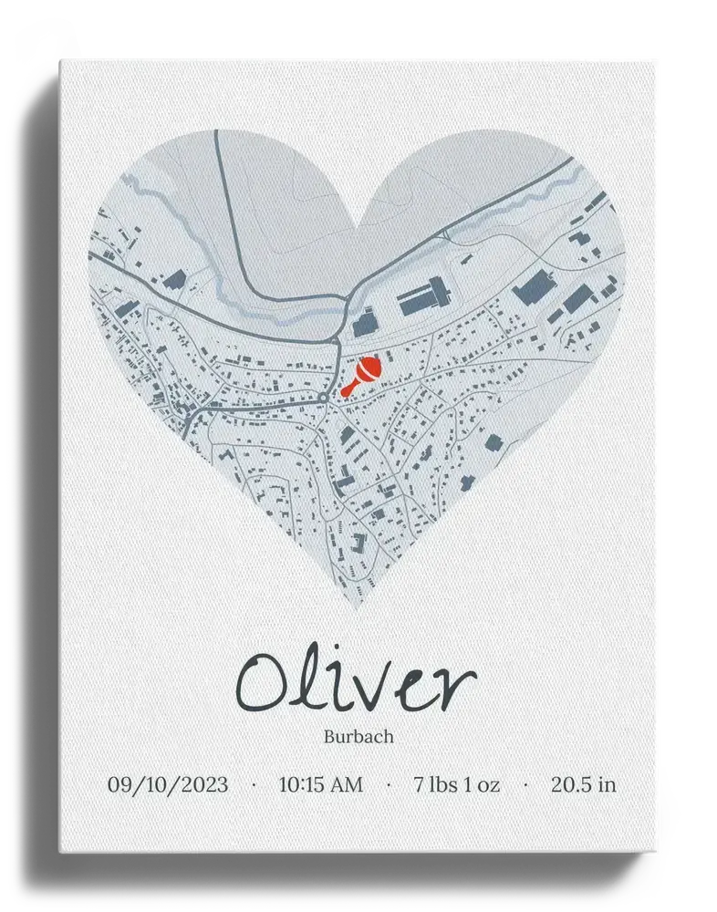 Personalized birth stats canvas with a pale blue heart-shaped city map, red location marker, and baby's name