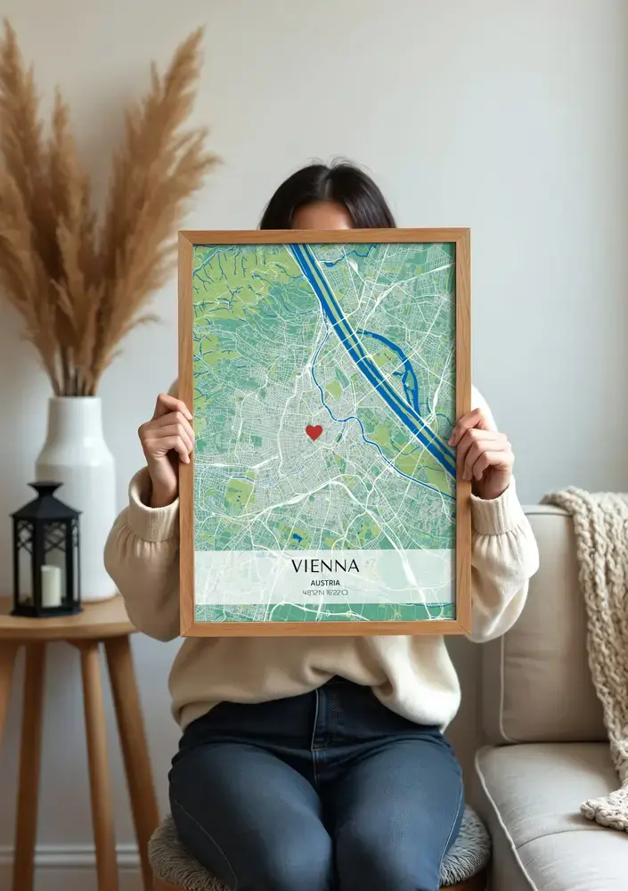 Personalized green and blue city map poster with a heart marker, in a natural wood frame in a living room