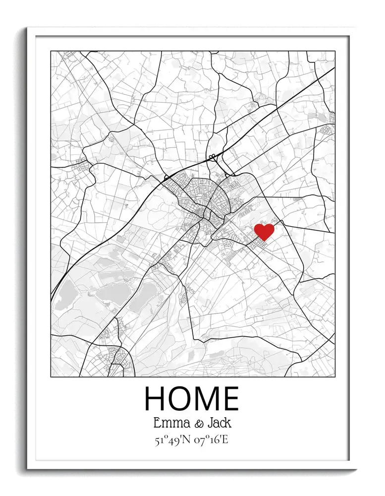 Custom black-and-white city map with a red heart marking home, personalized names, and a white frame