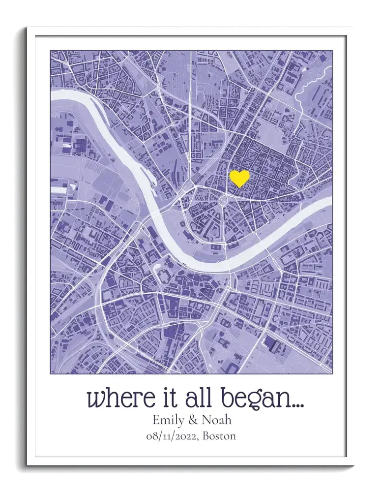 Personalized purple city map with a yellow heart marker and custom names in a white frame