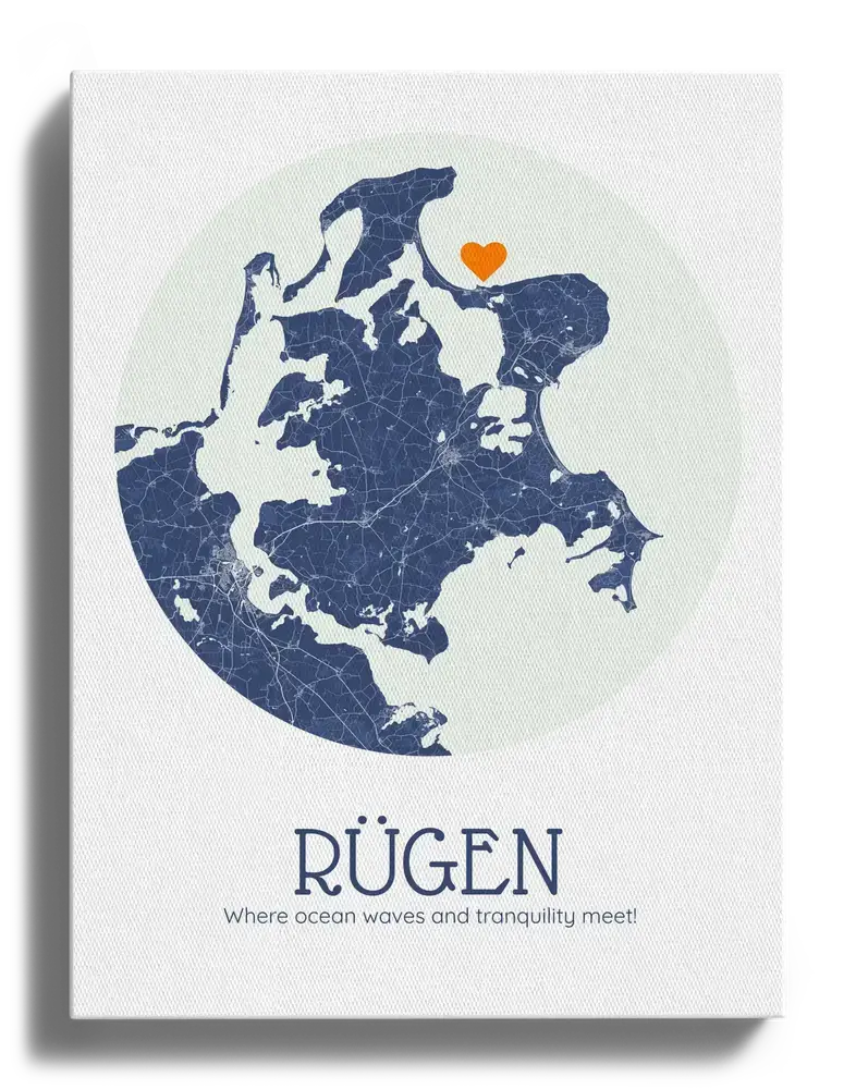Navy blue circular Rügen map on white canvas with an orange heart, a vacation keepsake gift for couples