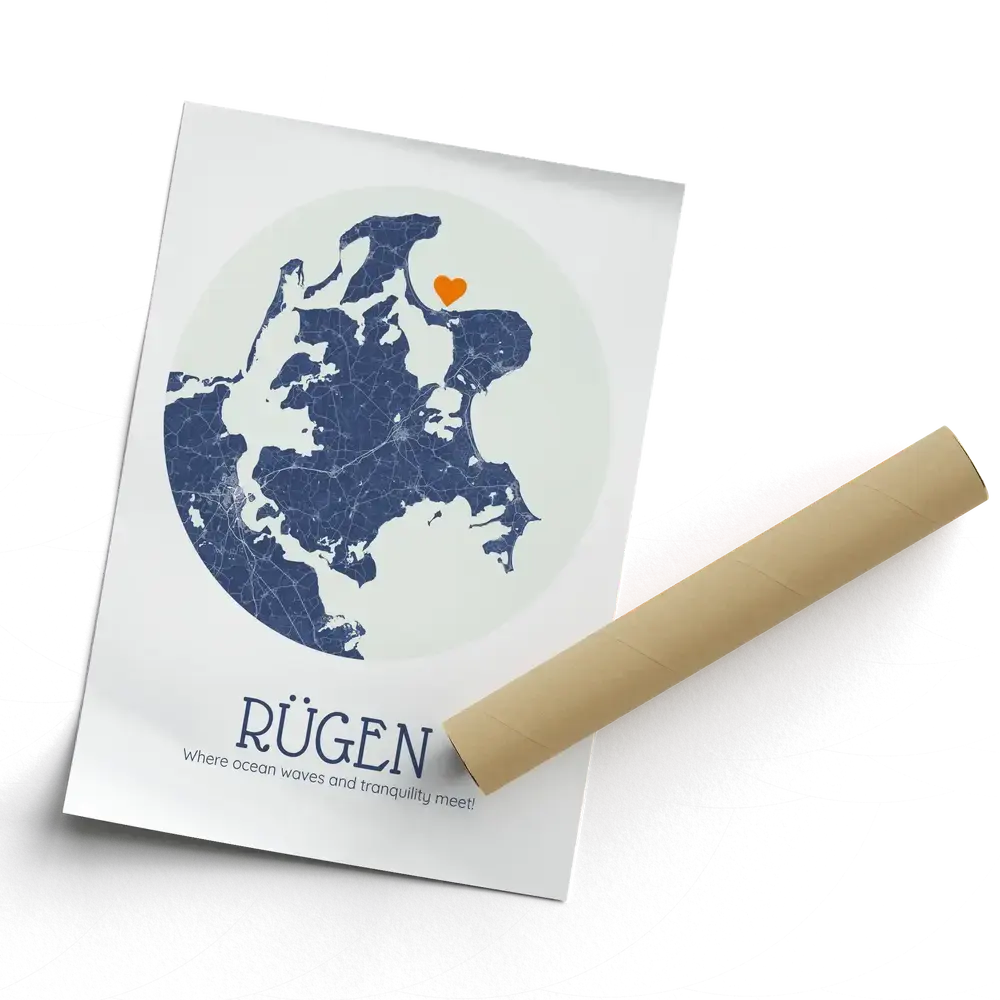Rügen poster with a circular blue island map and heart beside a mailing tube, a gift to remember a family trip