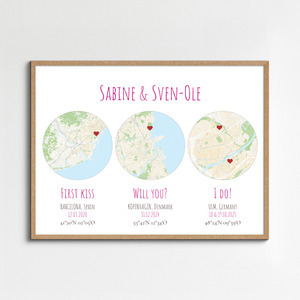 Personalized Triple City Map Poster – design yours, wedding & anniversary gift