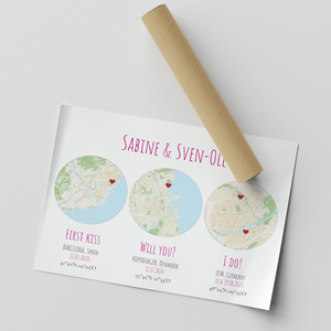 Personalized Triple City Map Poster – design yours, wedding & anniversary gift