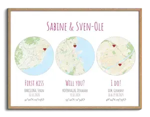 Personalized Triple City Map Poster – design yours, wedding & anniversary gift