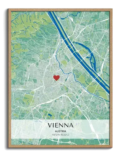 Custom city map poster in green and blue with a red heart and coordinates on a light banner, framed in natural wood