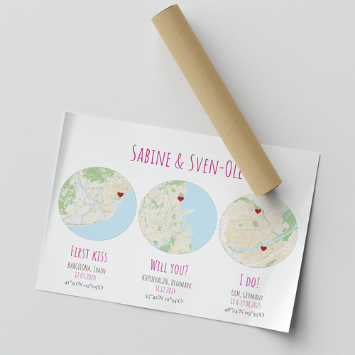 Personalized Triple City Map Poster – design yours, wedding & anniversary gift